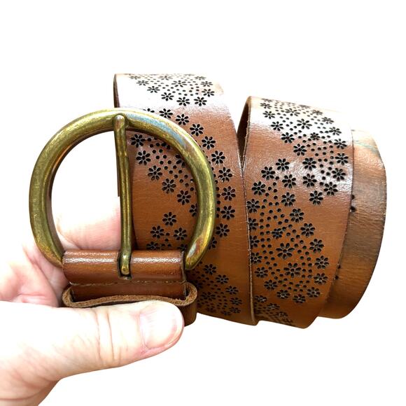 Vintage Lucky Brand brown leather belt M brass buckle tooled paisley Boho FLAWS - Picture 7 of 7